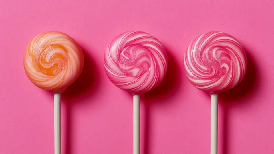 Three swirled pink and orange lollipops on pink background