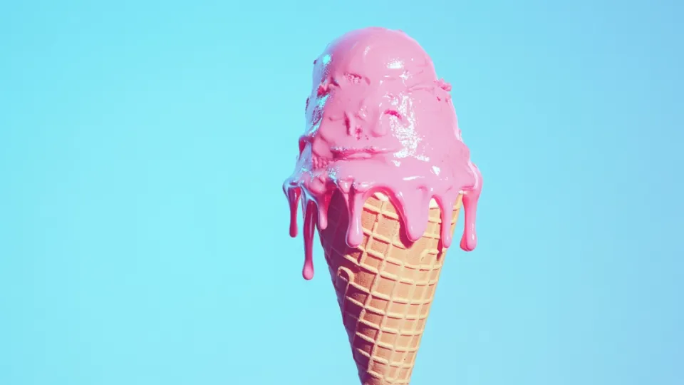 Pink strawberry ice cream scoop melting down a waffle cone