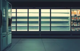 Mostly empty lit grocery store freezer cases with glass doors, illustrated