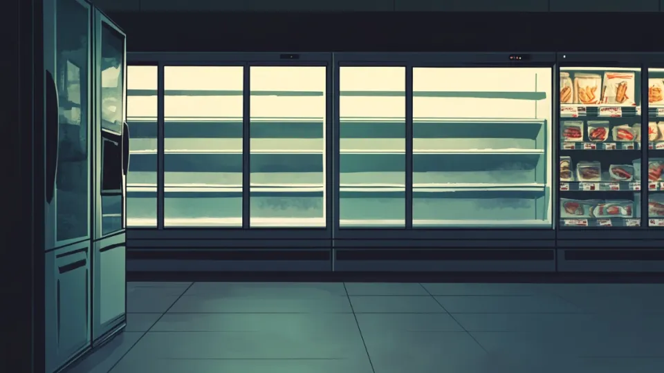 Mostly empty lit grocery store freezer cases with glass doors, illustrated