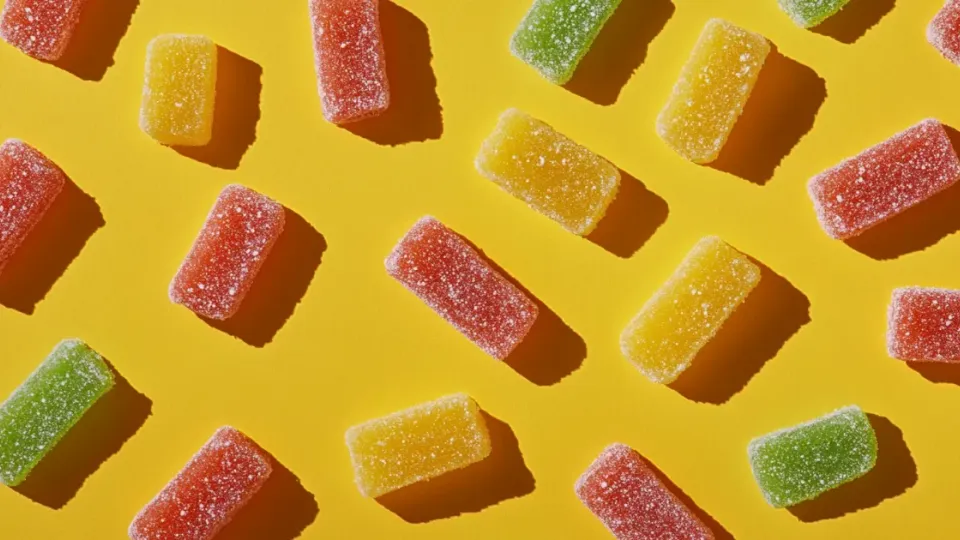 Sugar-coated red, yellow, and green sour gummy candies on yellow