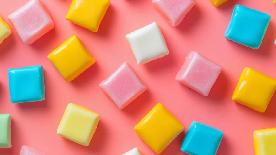 Colorful unwrapped square chew candies scattered on a pink surface