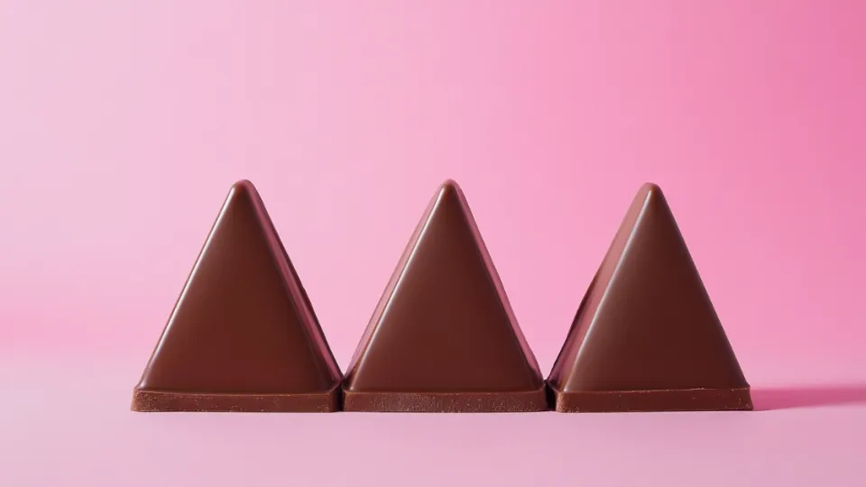 Three Toblerone chocolate triangles standing upright against a pink background