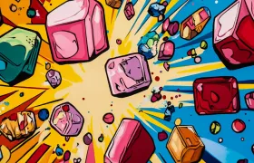 Painted pink and red popping candy crystals bursting from a starburst