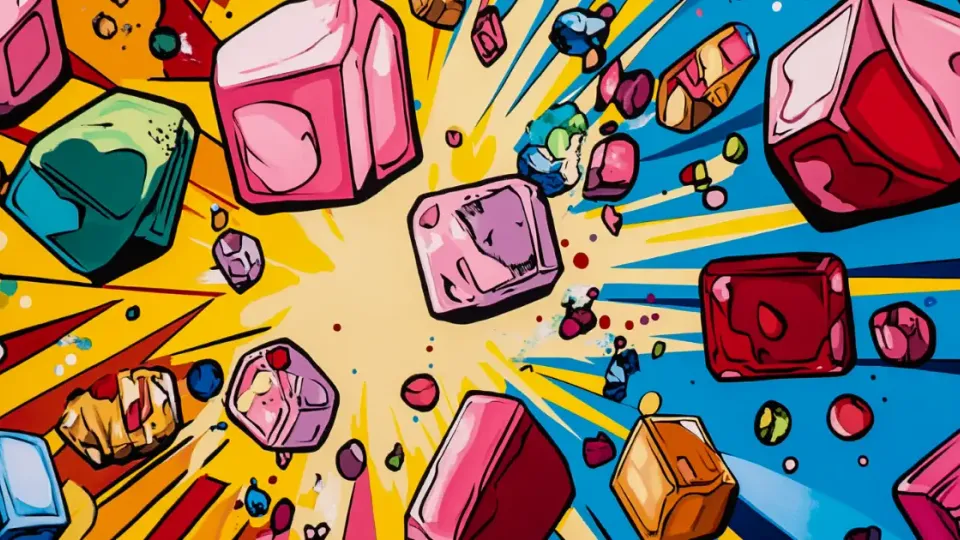 Painted pink and red popping candy crystals bursting from a starburst