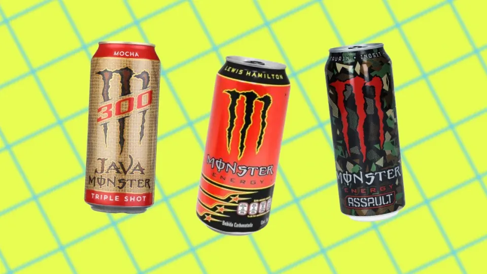Discontinued Monster flavors Java Monster 300 Mocha, Lewis Hamilton 44, and camo Assault cans