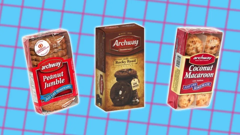 Three vintage Archway cookie packages — Peanut Jumble, Rocky Road, and Coconut Macaroon — in old-style packaging with retro price stickers