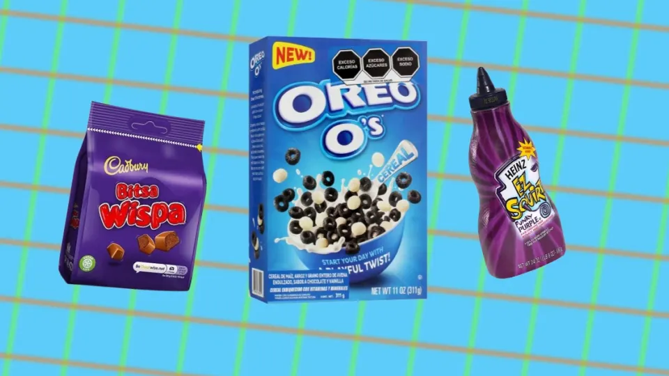Cadbury Wispa bag, Oreo O's cereal box and purple Heinz EZ Squirt bottle