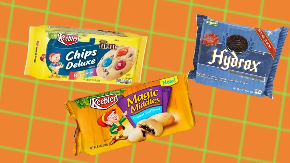 Discontinued Keebler cookies packages including Chips Deluxe Rainbow with M&M's, Magic Middles shortbread, and Leaf Brands' revived Hydrox