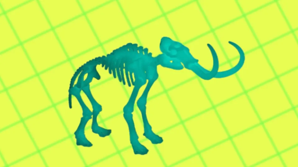 Teal woolly mammoth skeleton on lime green grid background