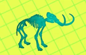 Teal woolly mammoth skeleton on lime green grid background