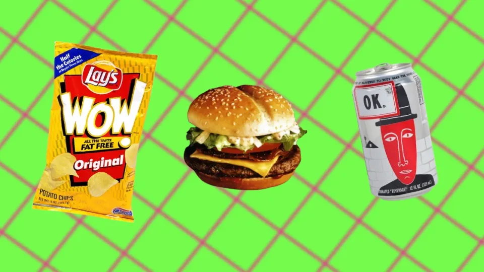 Lay's WOW chips bag, McDonald's Arch Deluxe burger and OK Soda can