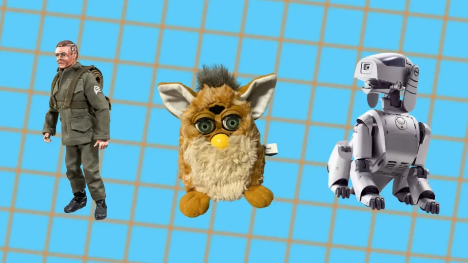 Vintage G.I. Joe figure, Furby, and Sony AIBO robot dog