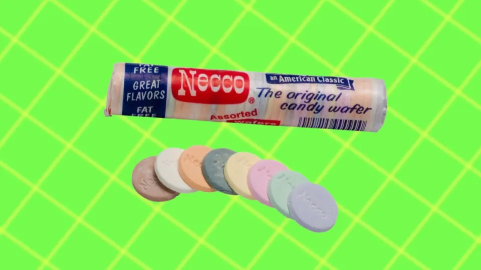 Necco Assorted candy wafers roll with pastel wafers fanned out beside it