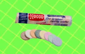 Necco Assorted candy wafers roll with pastel wafers fanned out beside it