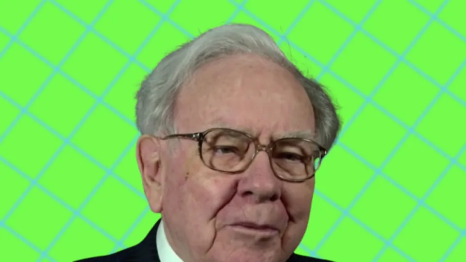 Warren Buffett portrait against a bright green diamond-patterned background