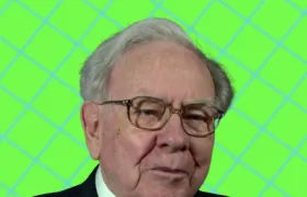 Warren Buffett portrait against a bright green diamond-patterned background