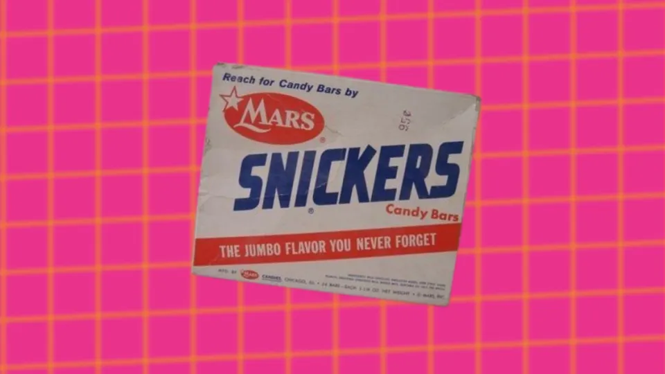 Vintage Mars Snickers candy bar box lid with jumbo flavor slogan