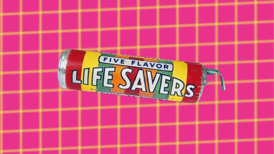 Vintage Five Flavor Life Savers roll on pink and yellow grid