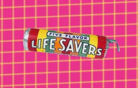 Vintage Five Flavor Life Savers roll on pink and yellow grid