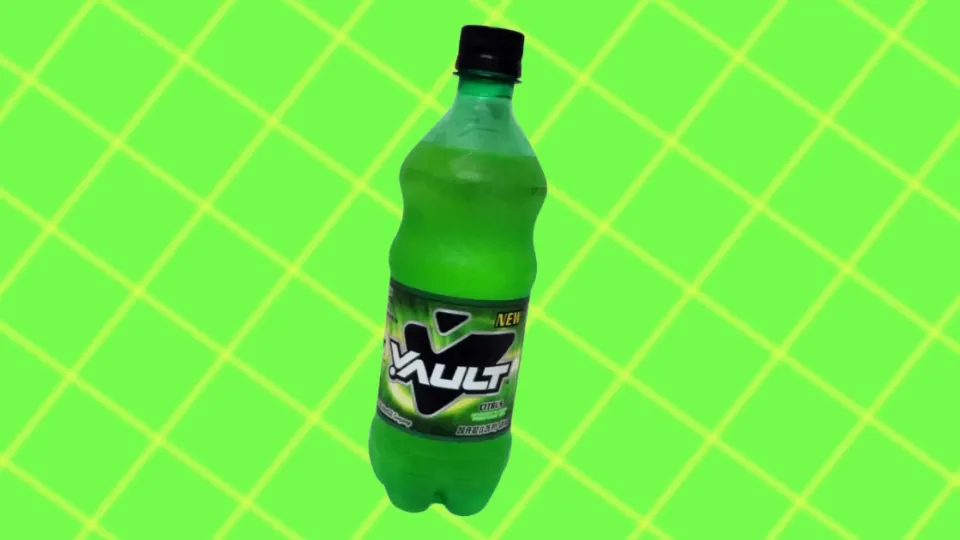 Green Vault citrus soda bottle with black and green label