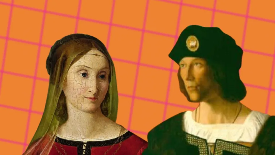 Renaissance portraits of a woman in a red gown and a man in a green hat