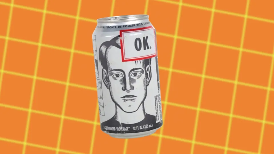 OK Soda can with line-drawn comic face on orange grid background