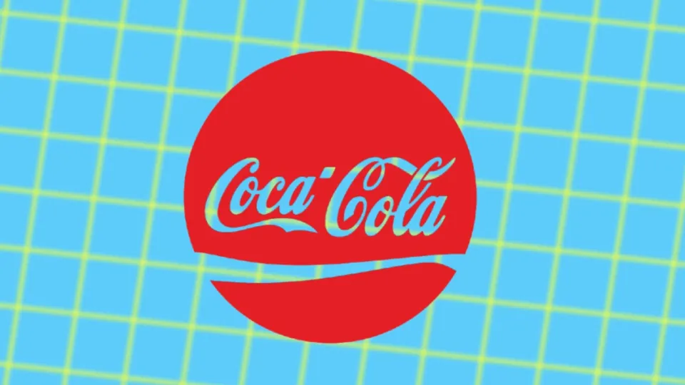 Coca-Cola script logo in red circle on blue grid background