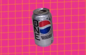 Pepsi One silver can with one-calorie tagline on pink grid