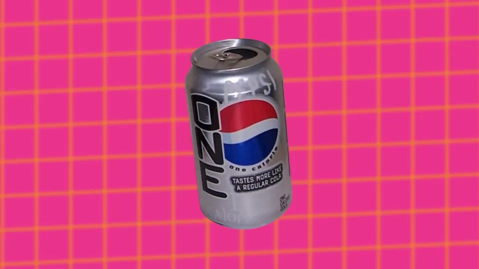Pepsi One silver can with one-calorie tagline on pink grid