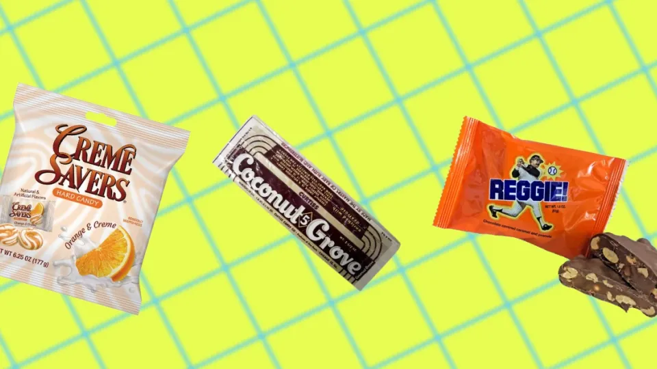 Creme Savers bag, Coconut Grove bar, and Reggie! candy bar wrappers
