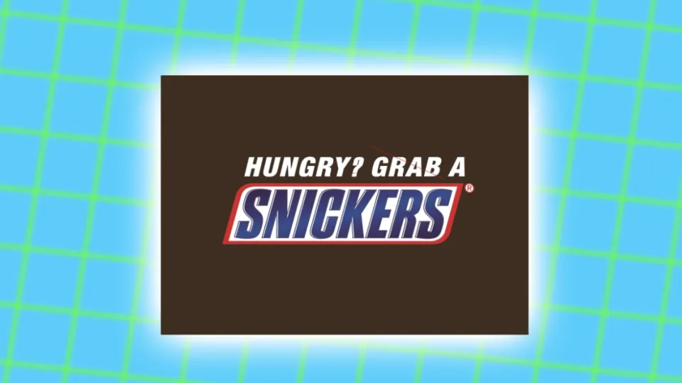 Snickers logo with the Hungry? Grab a Snickers slogan