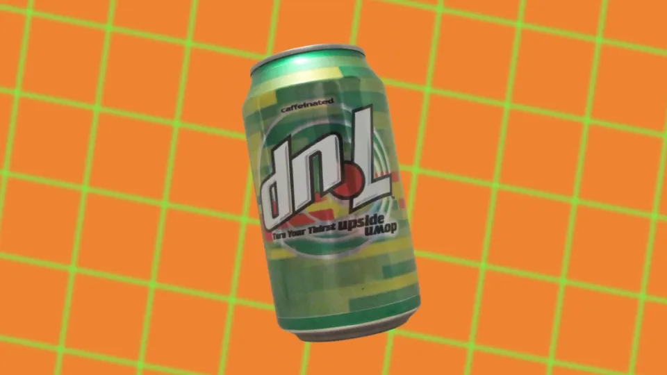 dnL soda can with upside-down 7 Up logo on orange background