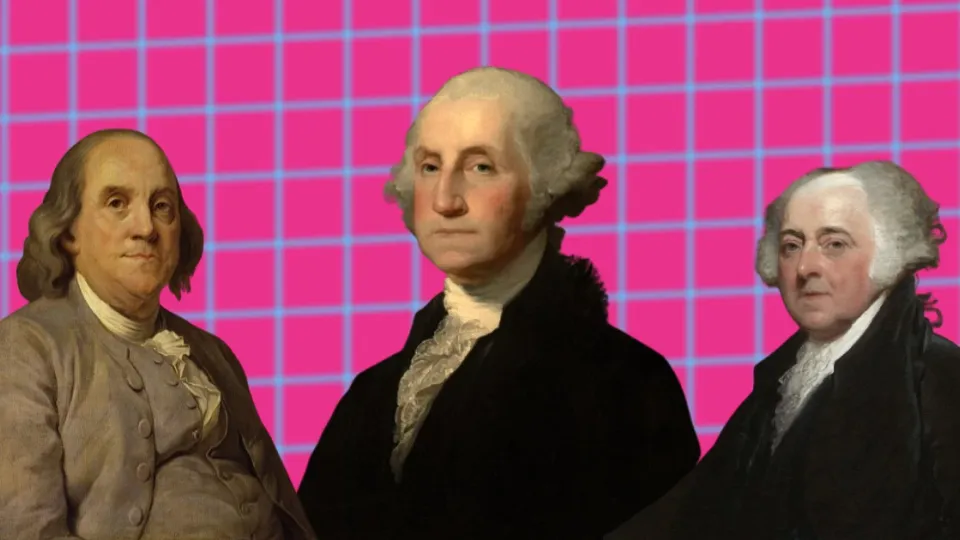 Benjamin Franklin, George Washington and John Adams portraits on pink