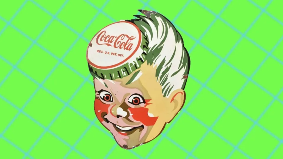 Vintage Sprite Boy die-cut sign with bottle cap hat and white hair