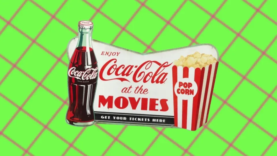 Vintage Coca-Cola at the Movies metal sign with bottle and popcorn box