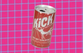 Vintage red Kick soda can showing a kicking mule