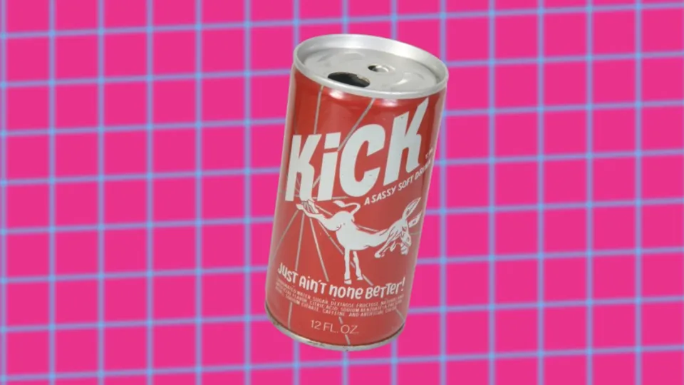Vintage red Kick soda can showing a kicking mule