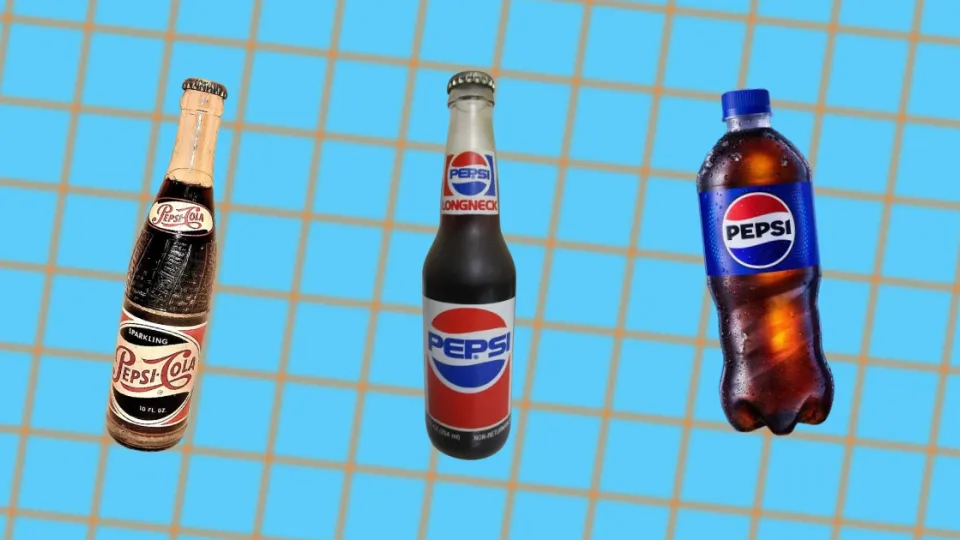 Three Pepsi bottles from vintage glass to modern plastic on blue