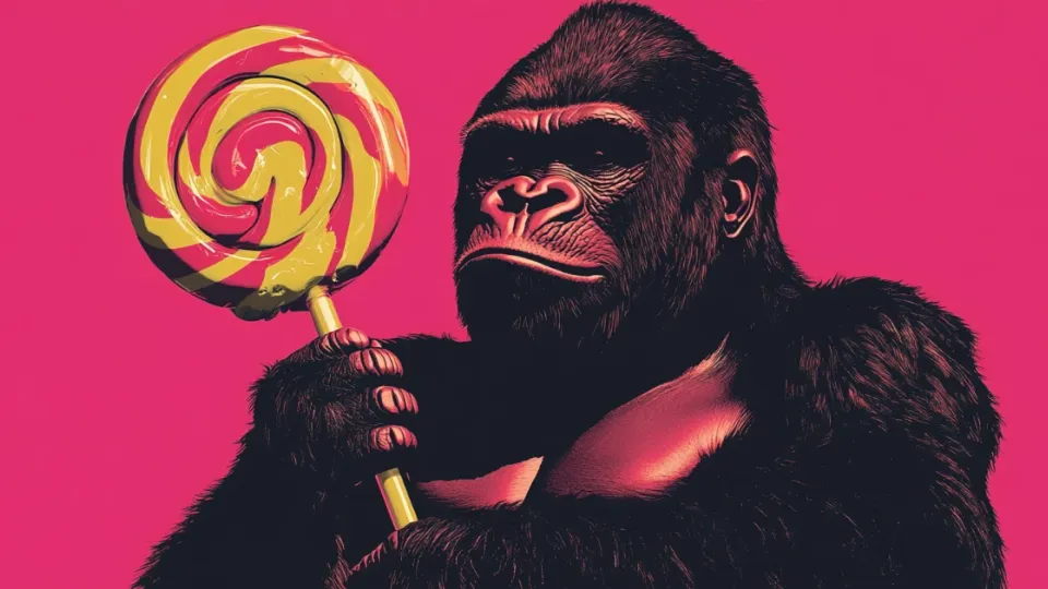 Gorilla holding a red and yellow swirl lollipop on pink background