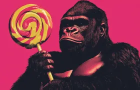 Gorilla holding a red and yellow swirl lollipop on pink background