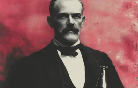 Charles Alderton portrait, mustached man in bow tie holding a soda bottle
