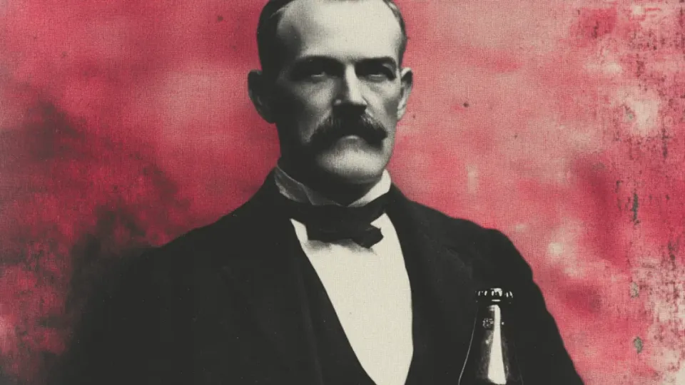 Charles Alderton portrait, mustached man in bow tie holding a soda bottle