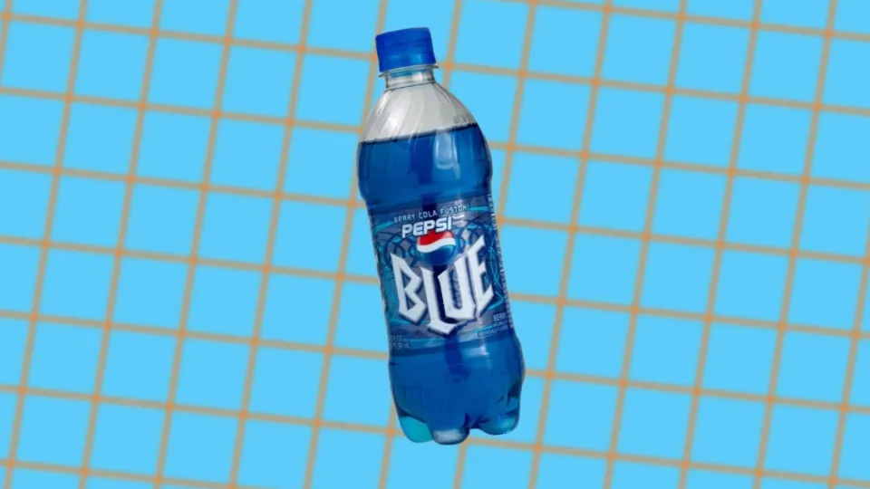 Blue Pepsi Blue berry cola soda bottle on light blue grid background