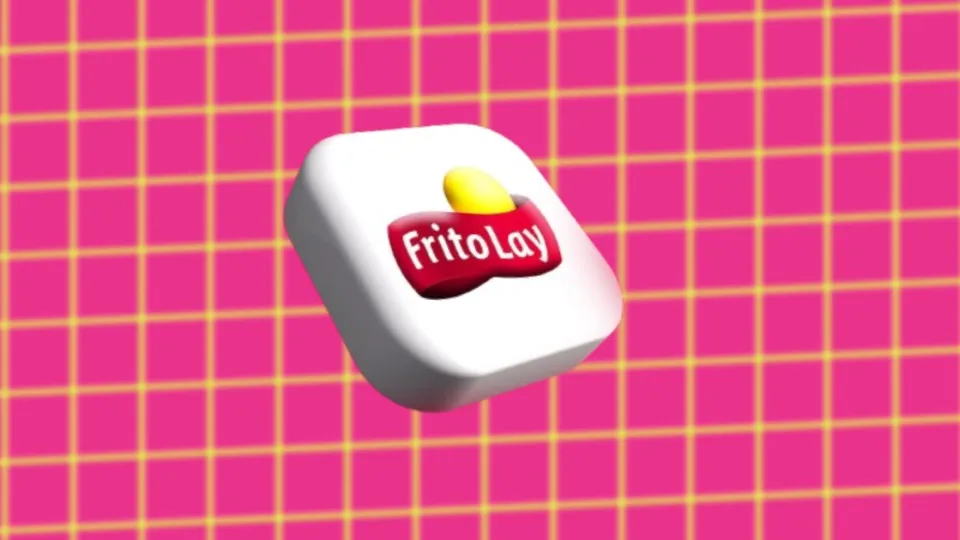 Frito-Lay logo on a white 3D cube against a pink grid