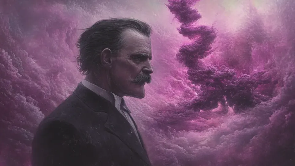 Friedrich Nietzsche profile portrait painting against swirling purple clouds