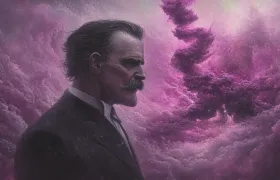 Friedrich Nietzsche profile portrait painting against swirling purple clouds