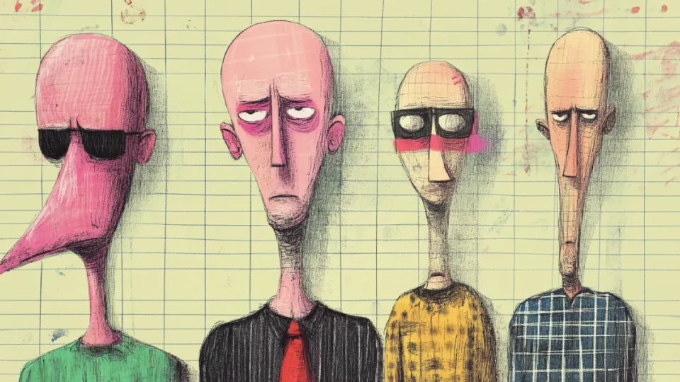 Cartoon illustration of four bald characters standing in a row