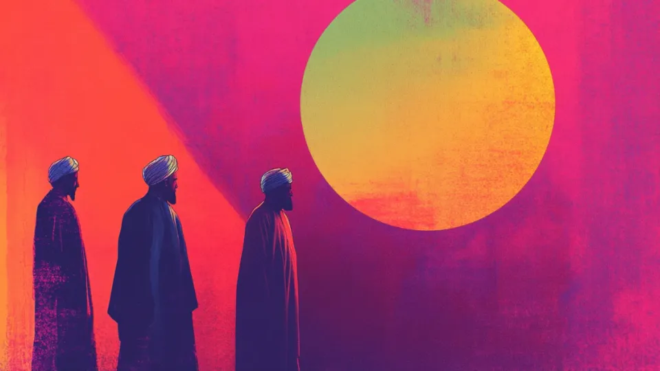 Three turbaned Islamic scholars in profile silhouette beneath a glowing sun