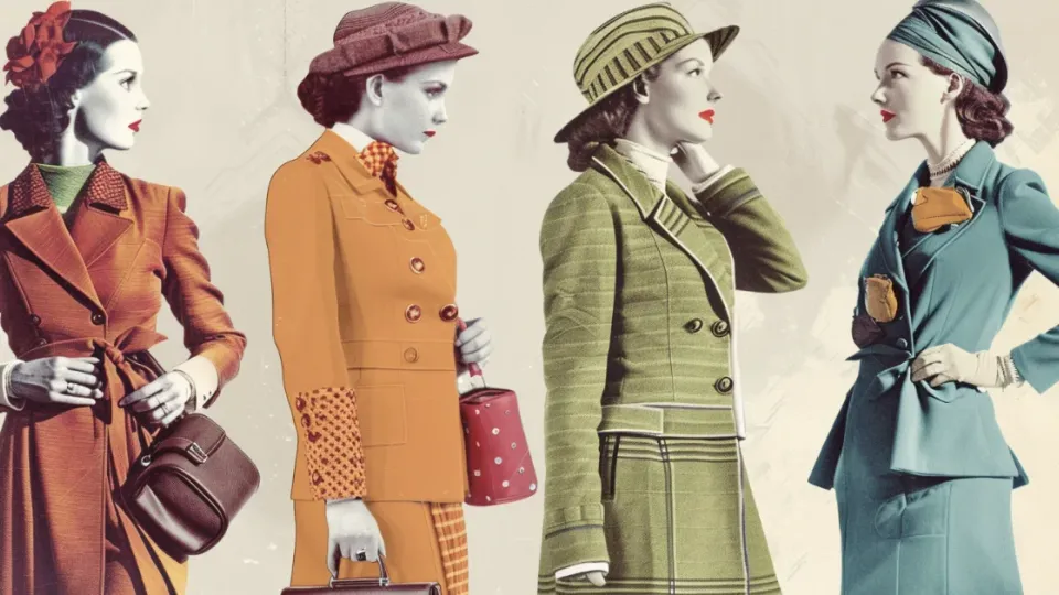 Four women in 1930s coats, suits and hats, vintage illustration